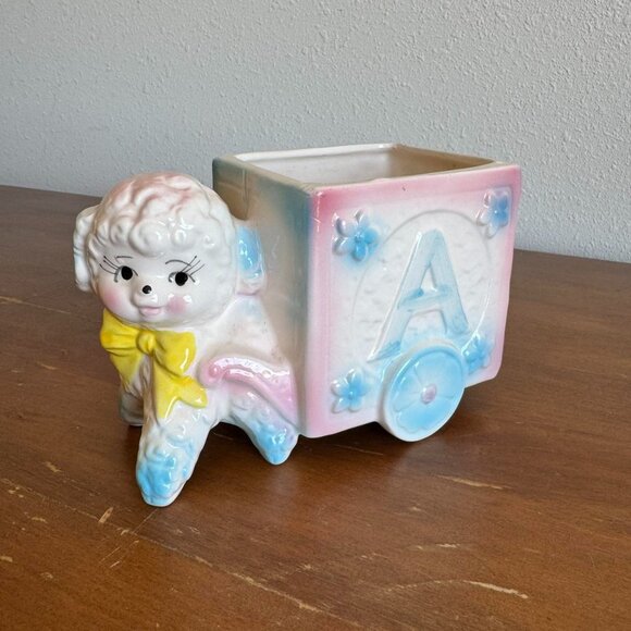 Pink and Blue Ceramic Lamb Planter, Baby Room Decor - Picture 1 of 8